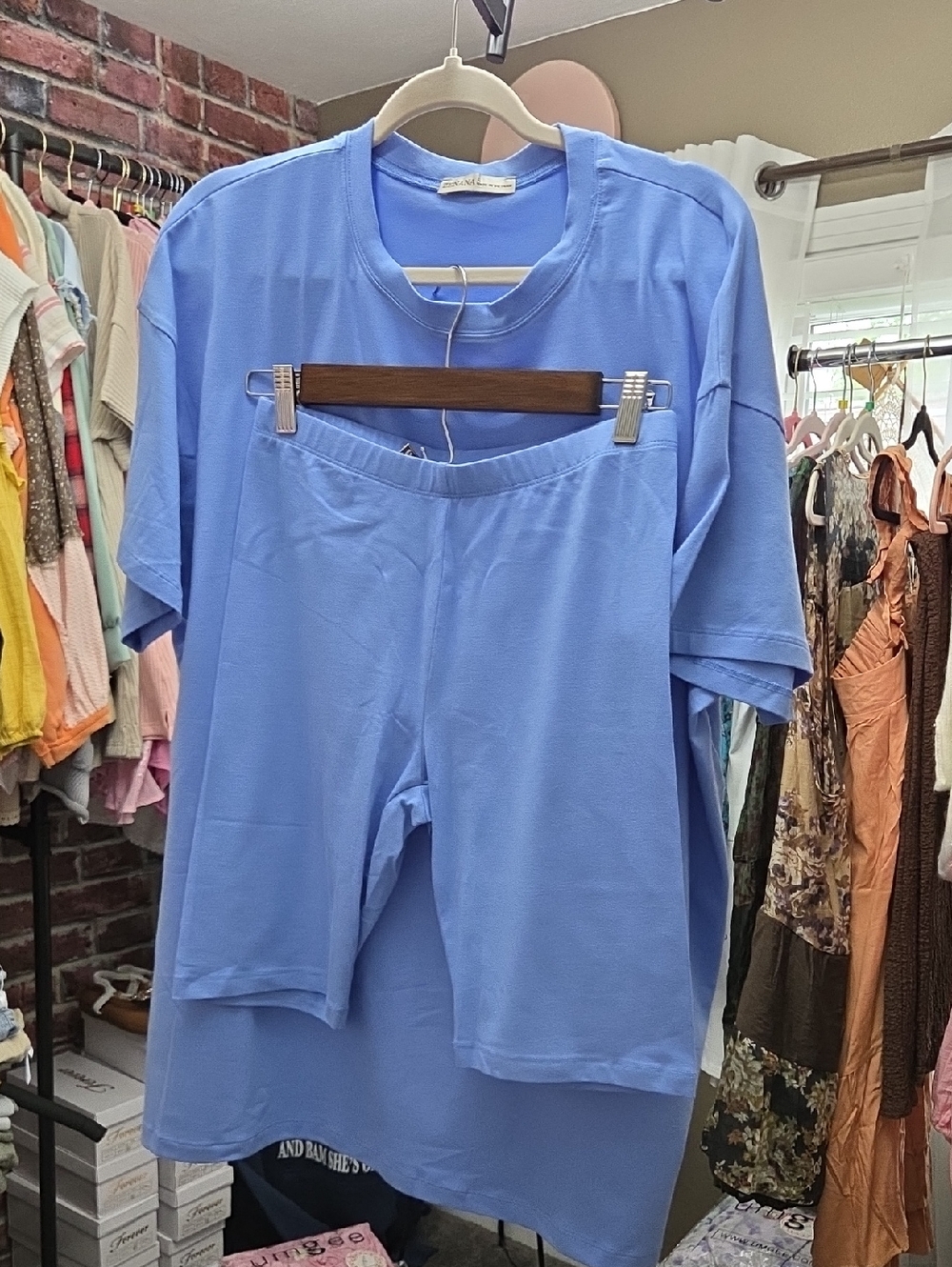 Zenana Light Blue Two-Piece Loungewear Set - Tee & Biker Shorts